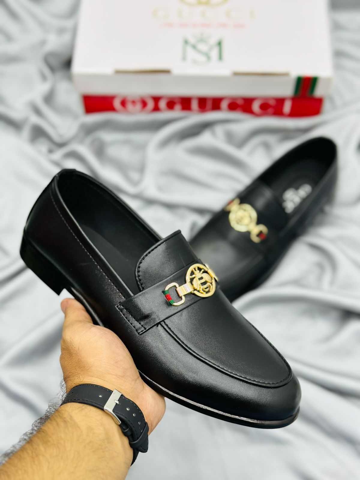 Luxury Black Leather Loafers with Gold Buckle – Premium Elegance