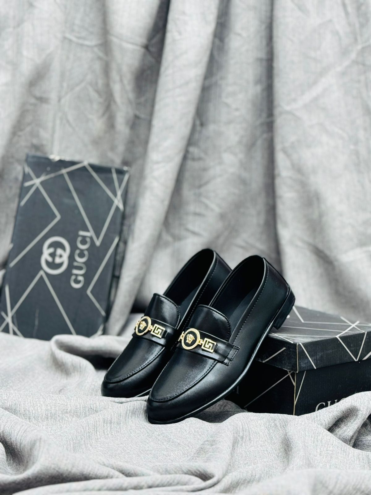 Luxury Black Leather Loafers with Gold Buckle – Premium Elegance