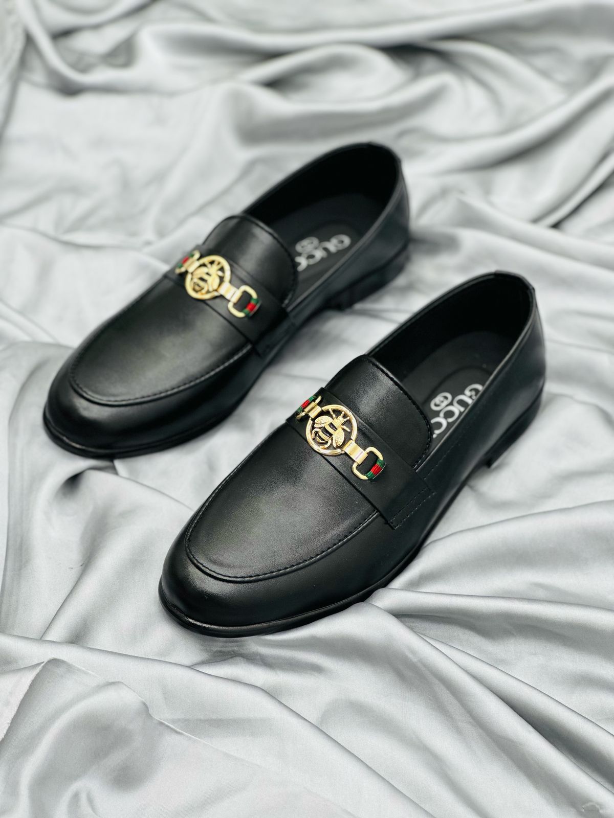 Luxury Black Leather Loafers with Gold Buckle – Premium Elegance