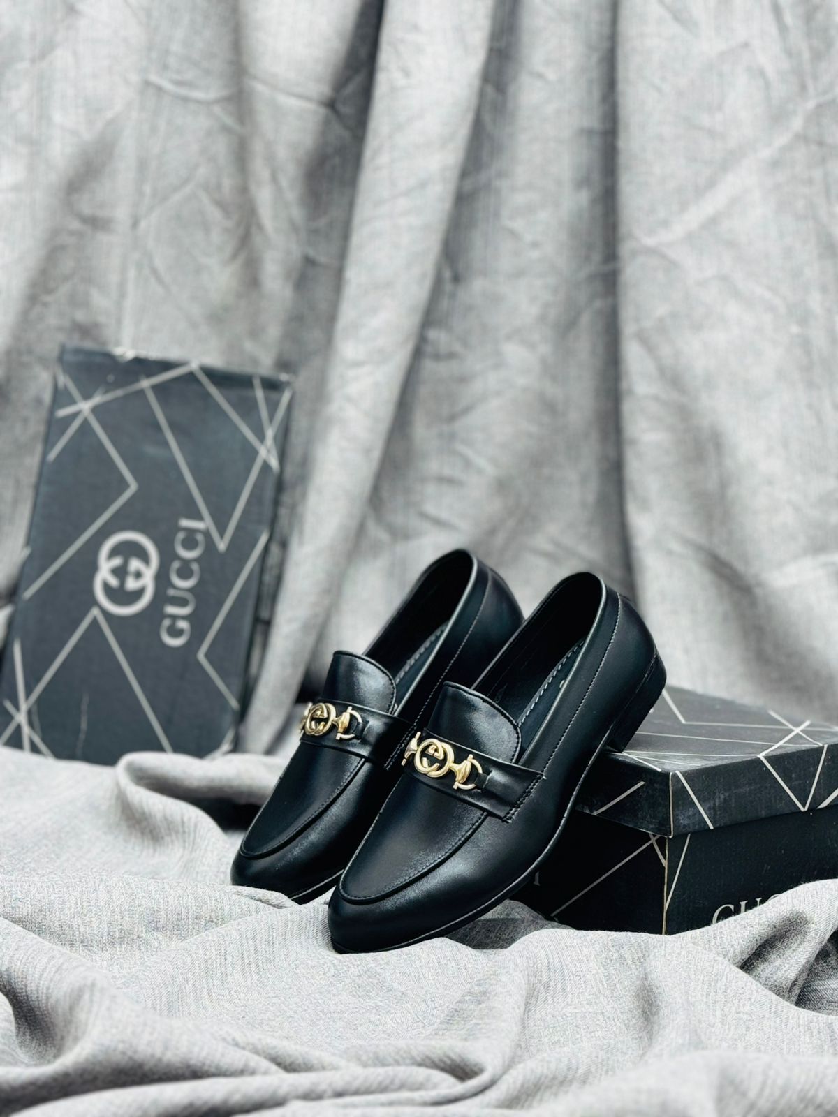Luxury Black Leather Loafers with Gold Buckle – Premium Elegance